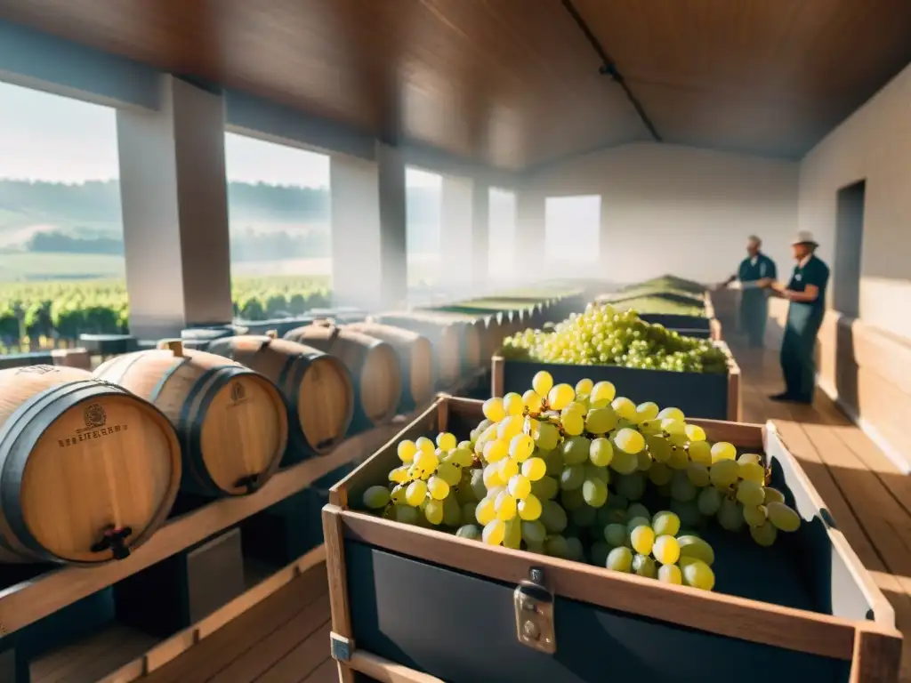 Trabajadores seleccionando uvas en bodega francesa durante vendimia