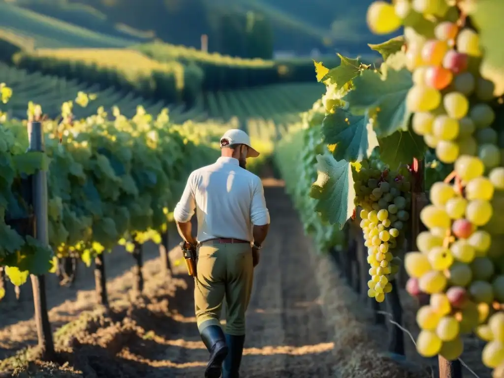 Trabajadores cosechando uvas Chardonnay en viñedo francés durante el otoño