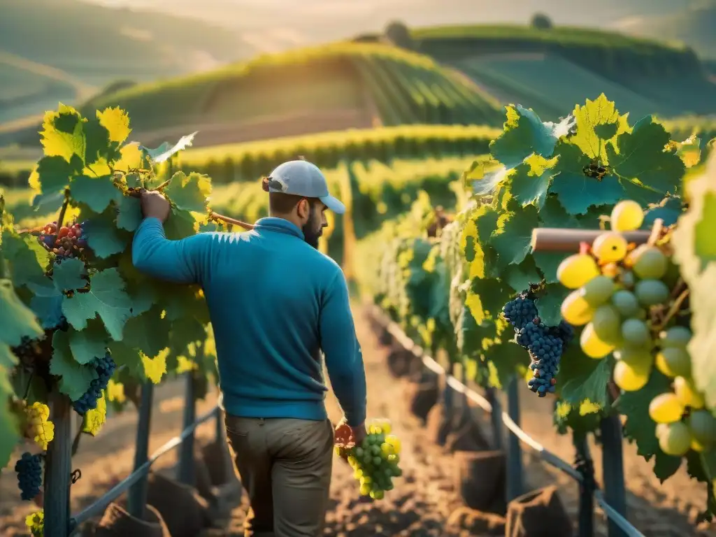 Trabajadores seleccionando uvas maduras en viñedo menos conocido de Francia al amanecer