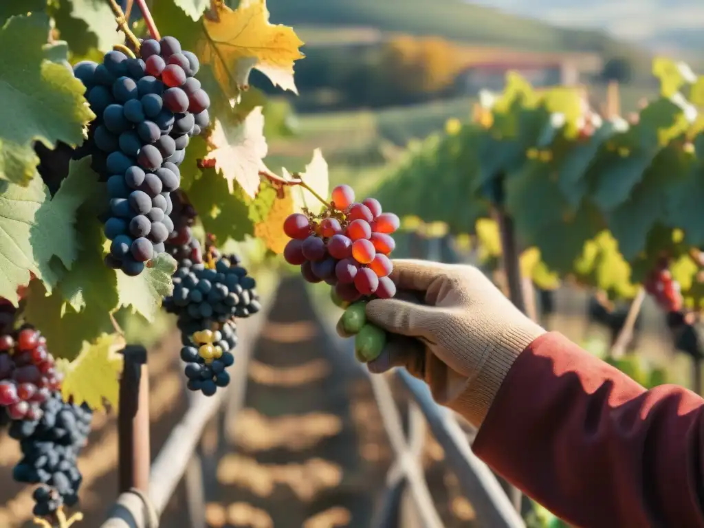 Trabajadores cosechando uvas rojas en viñedo francés durante el otoño