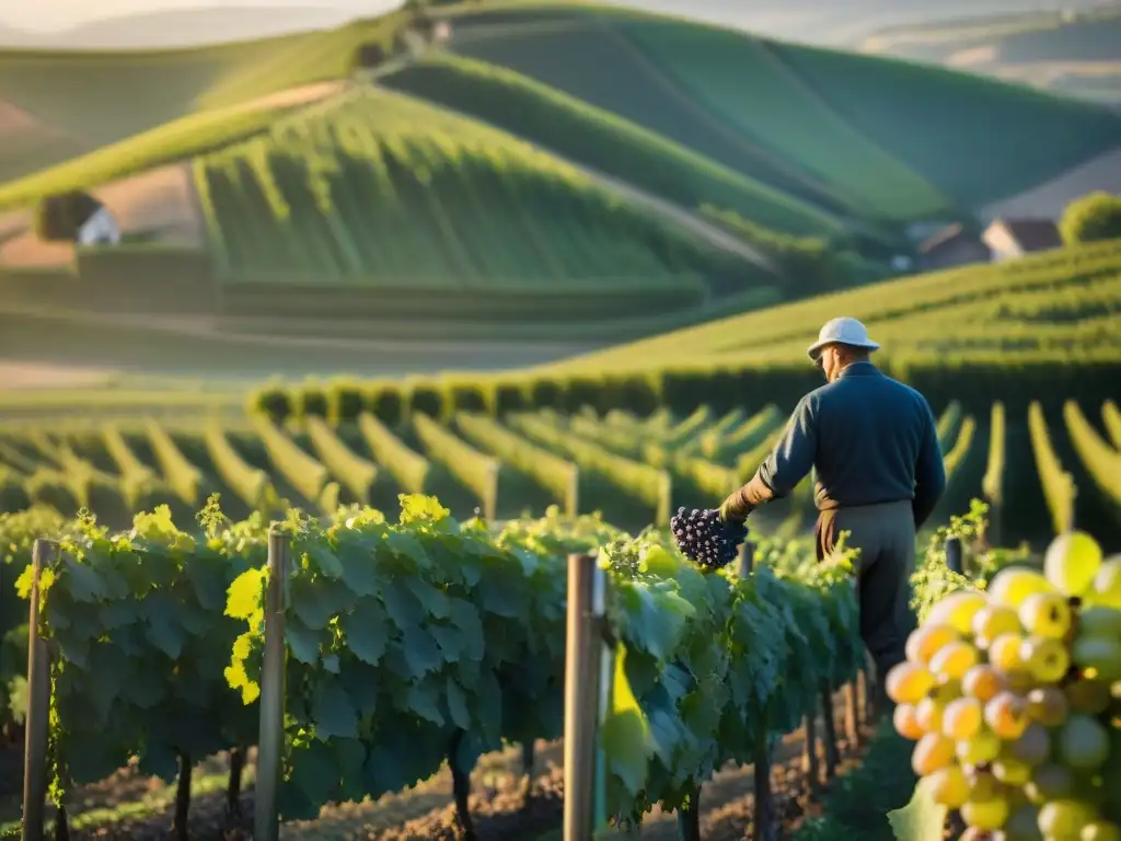 Trabajadores cosechando uvas en viñedo de Champaña francesa innovadora gastronomía al amanecer