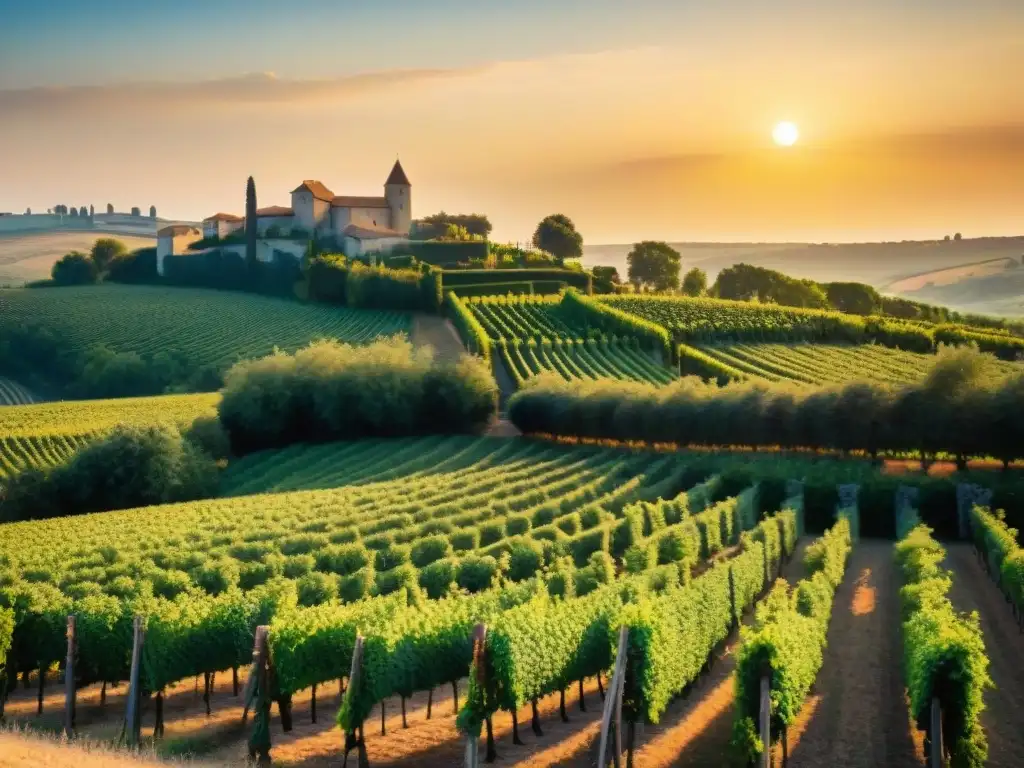 Trabajadores cosechando uvas en viñedo francés medieval al atardecer