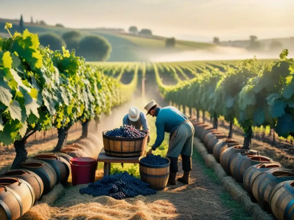 Trabajadores cosechando uvas en viñedo francés del siglo XIX, con barriles de vino en fermentación