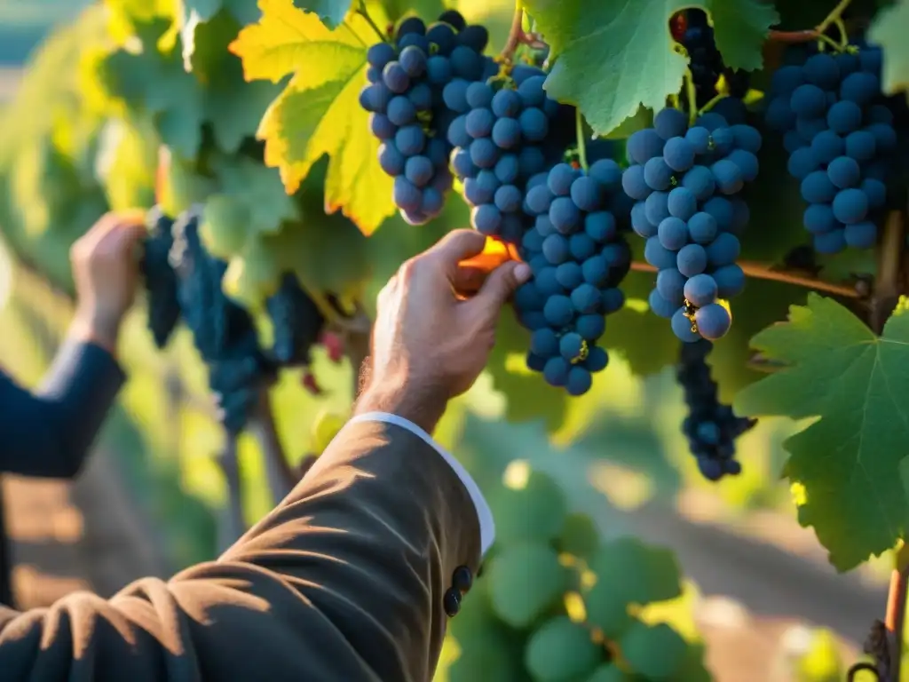 Trabajadores seleccionando uvas en viñedos de Champagne