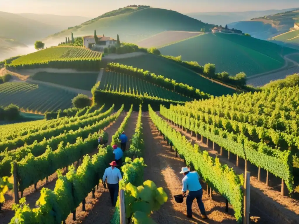 Trabajadores de vendimia en el Valle del Ródano cosechando uvas bajo el sol matutino dorado