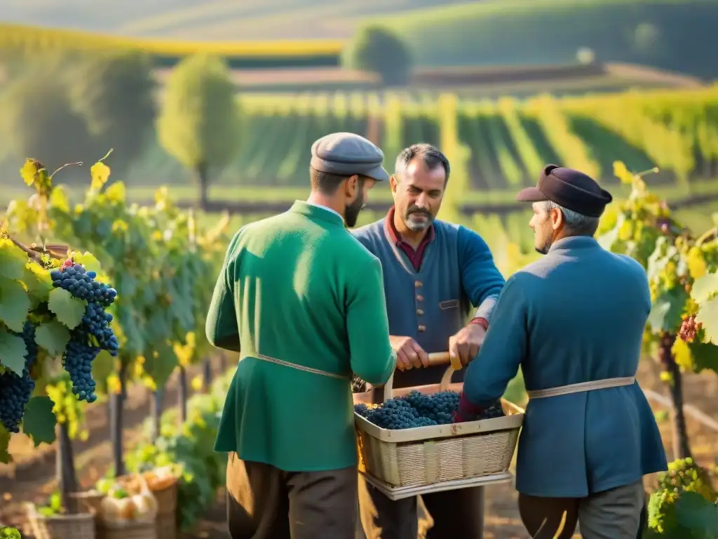 Trabajadores de viñedo en la Fiesta de la Vendimia Borgoña, recolectando uvas al amanecer