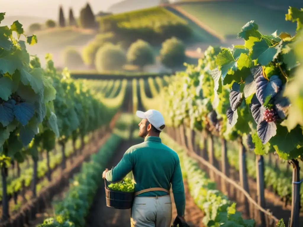 Trabajadores en viñedos biodinámicos en Francia cuidando las vides bajo el sol de la mañana