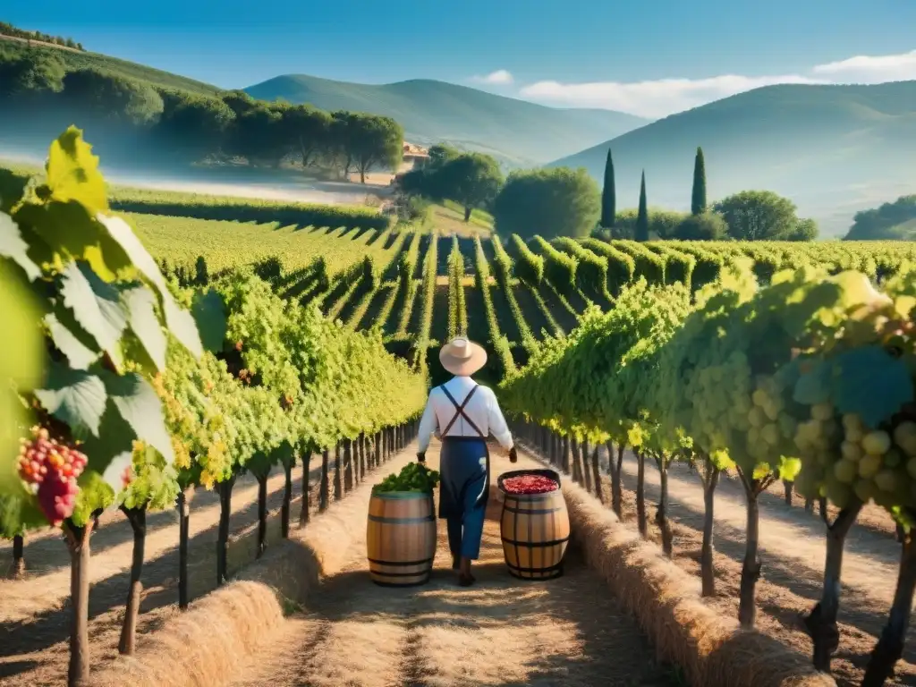 Trabajadores de viñedos franceses recolectando uvas para vinos rosados con elegancia y tradición