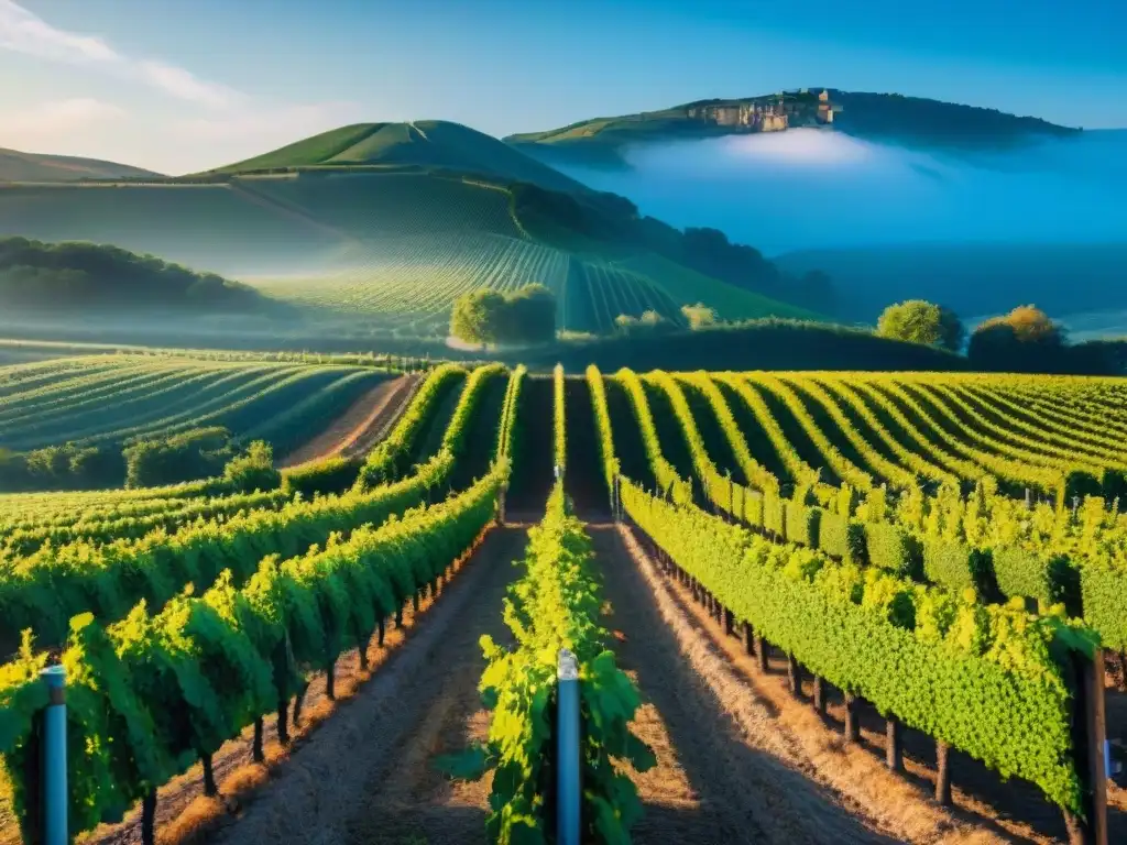 Trabajadores cuidando viñedos orgánicos y biodinámicos en Francia al atardecer