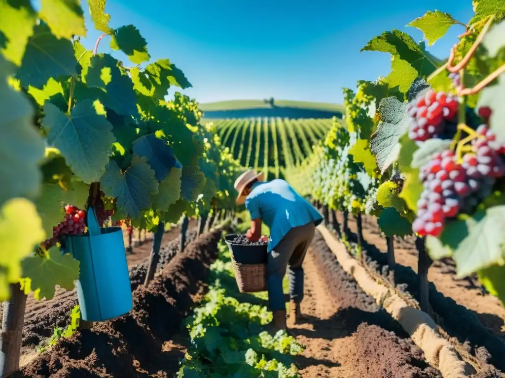 Trabajo manual en la vendimia de Beaujolais Nouveau, uvas Gamay maduras bajo el cielo azul