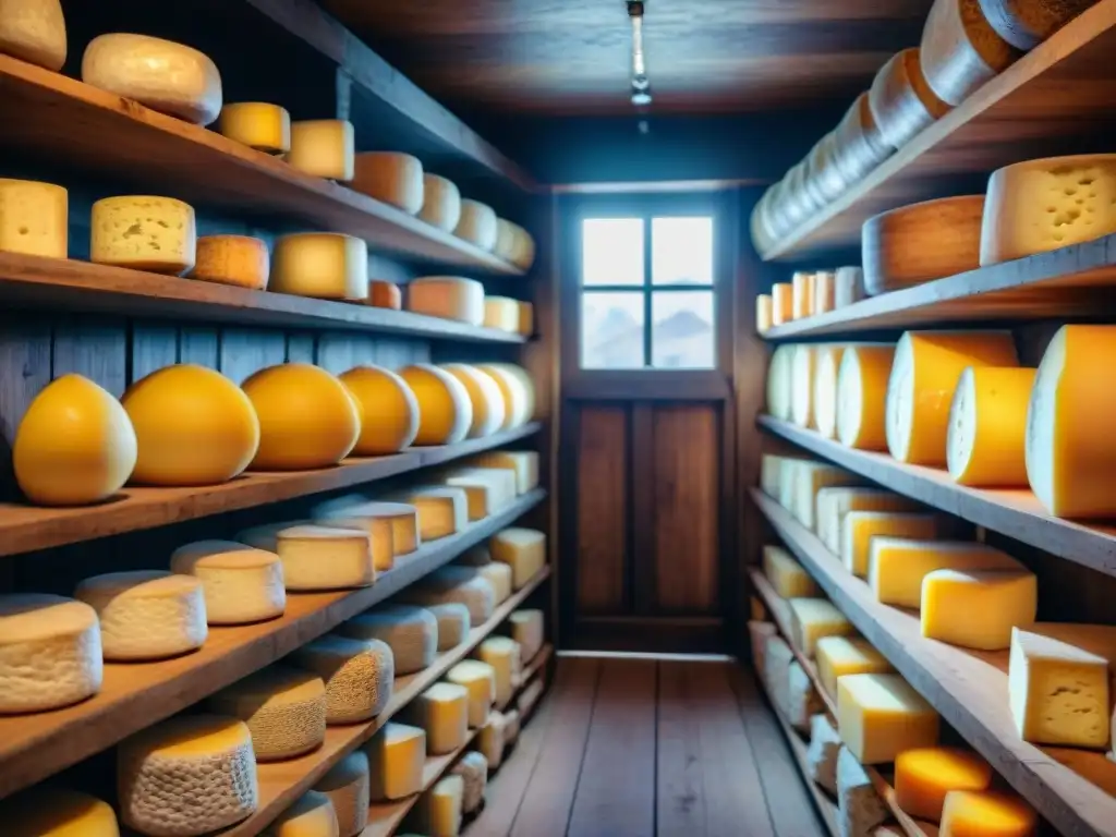 Sublime bodega de quesos franceses artesanales envejecidos Preservando tradición queso francés en una bodega llena de ruedas de queso artesanal envejecido y herramientas históricas