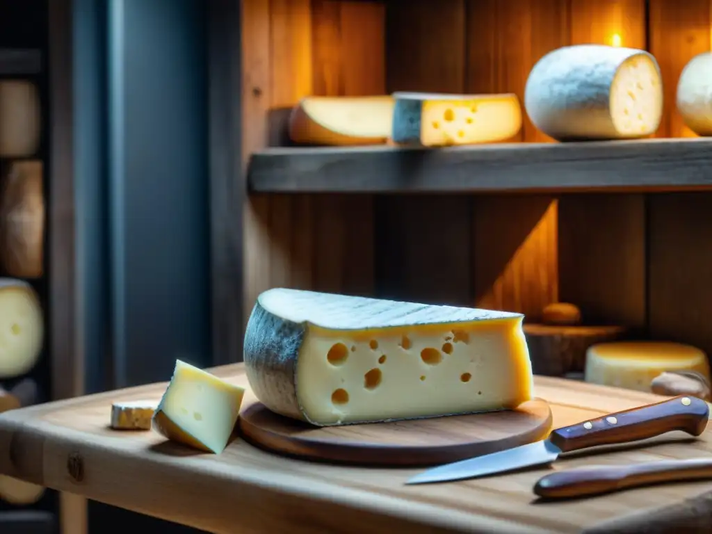 Un Munster tradicional envejeciendo en una bodega rústica, iluminada, rodeado de ruedas de queso y herramientas de producción