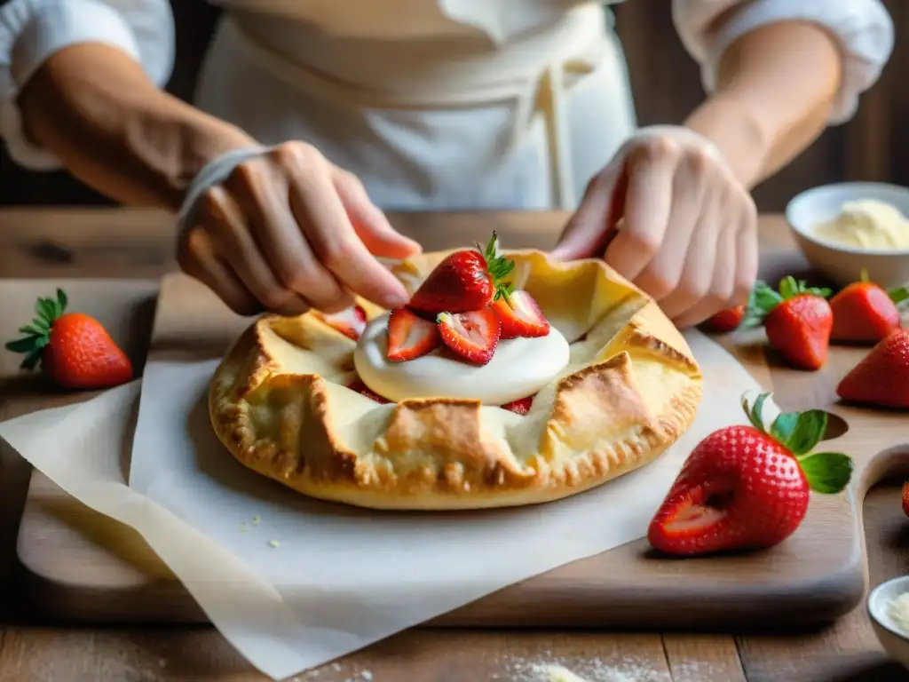 Preparación tradicional de una Galette Bretona con fresas frescas y crema, mostrando manos expertas plegando la masa