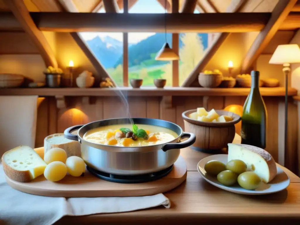 Fondue savoyarda receta tradicional: Deliciosa fondue en un acogedor chalet alpino con queso fundido y acompañamientos variados