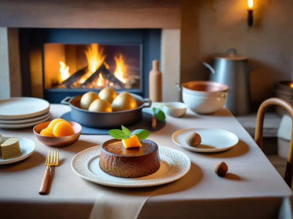 Gastronomía tradicional en la Dordoña: una mesa rústica con platos típicos y una cálida chimenea