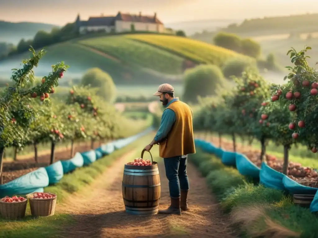 Tradicional cidrería francesa entre manzanos con trabajadores recolectando manzanas al sol