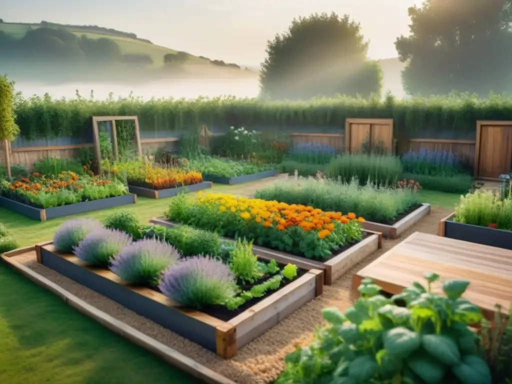 Un jardín francés tradicional lleno de hierbas frescas, hortalizas coloridas y flores comestibles, representando la permacultura en recetas francesas