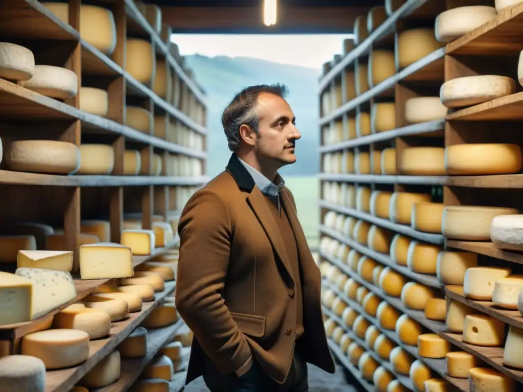 Un tradicional sótano de quesos en Auvernia, Francia, con ruedas de queso envejeciendo en estantes de madera