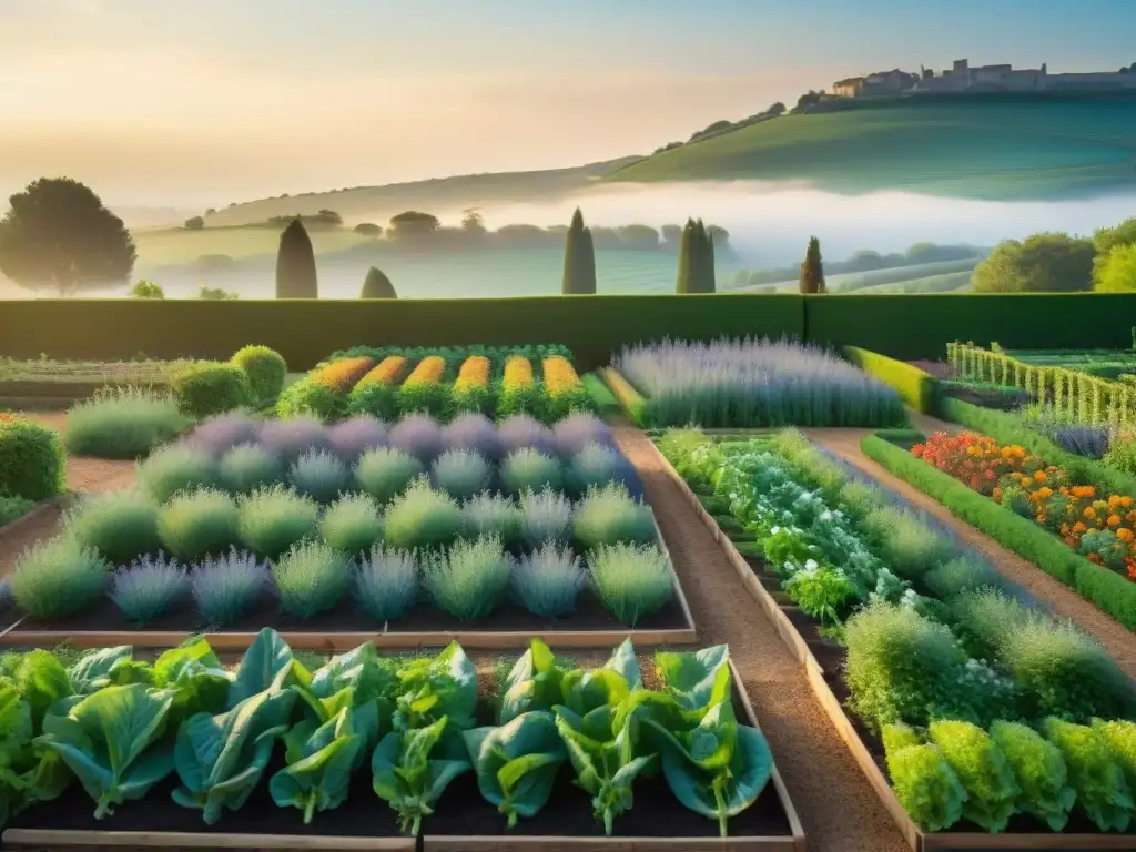 Jardín francés tradicional al amanecer con vegetales orgánicos y hierbas aromáticas, reflejando la esencia de la cocina francesa recetas tradicionales