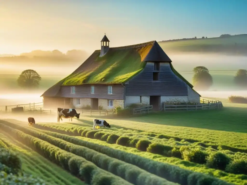 Una tranquila granja lechera en Normandía al amanecer, con vacas pastando y un granero de madera iluminado por el sol