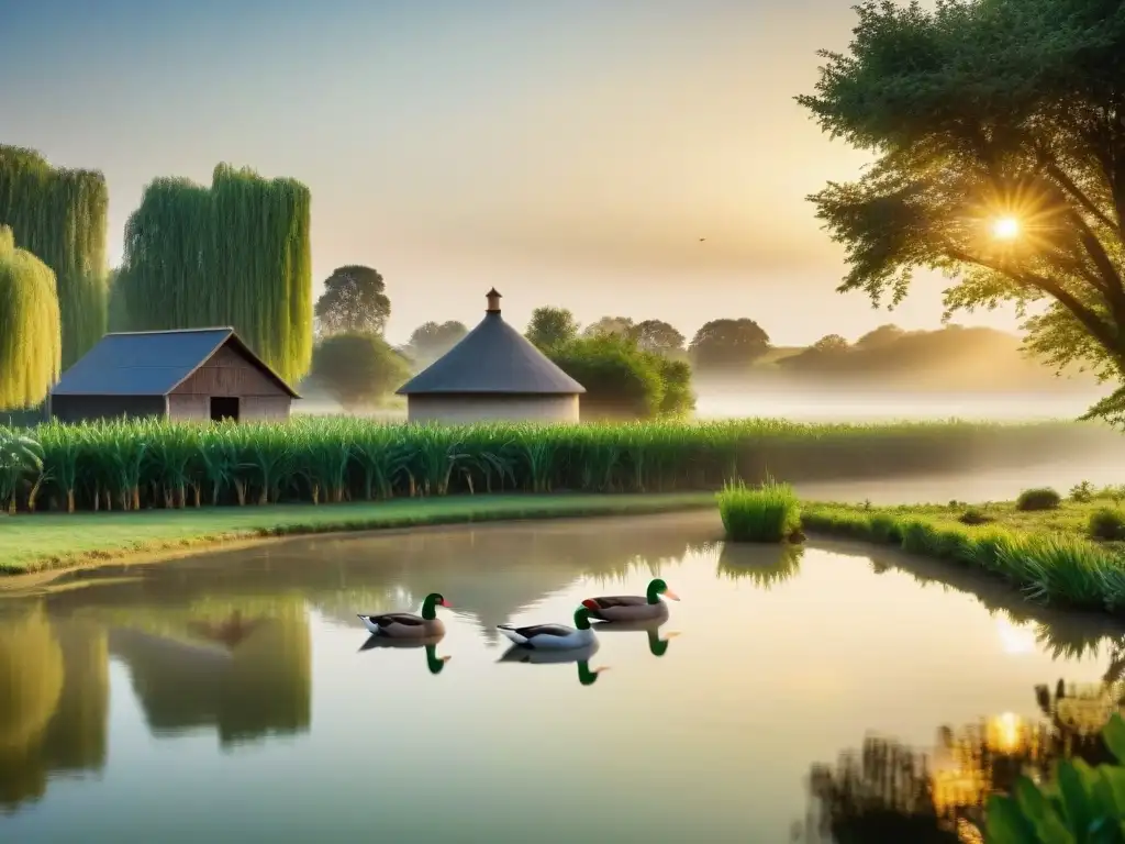Un tranquilo amanecer en una granja de patos, con los patos caminando hacia un estanque brillante, rodeados de naturaleza exuberante