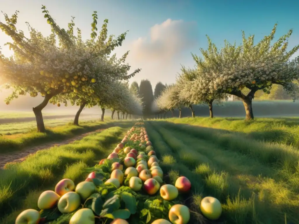 Un tranquilo vergel en el campo francés con manzanos repletos de frutas maduras