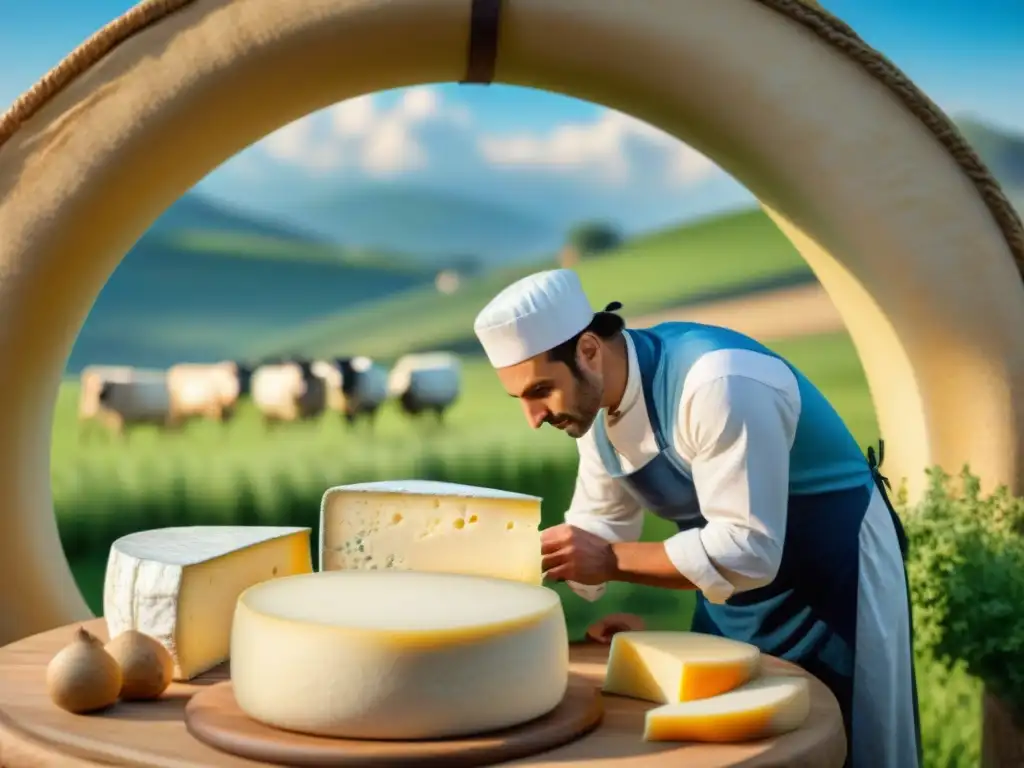 Un tranquilo paisaje rural francés con quesera elaborando queso francés AOC auténtico