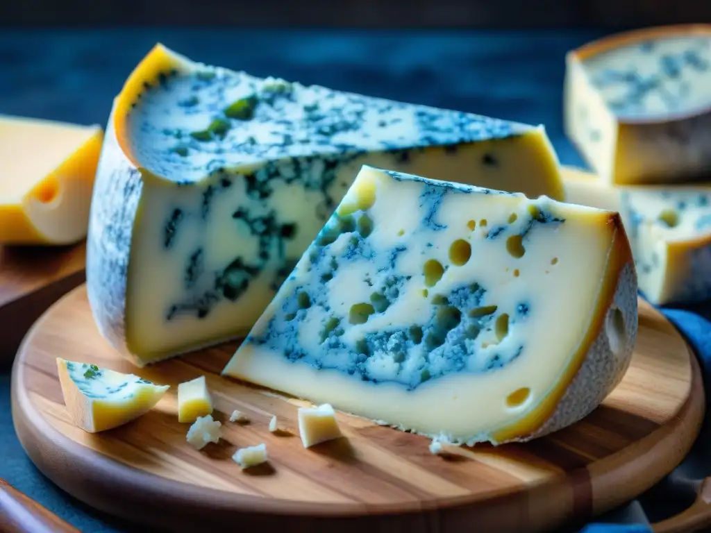 Un trozo de queso Roquefort desmenuzándose con vetas azules, sobre tabla de madera