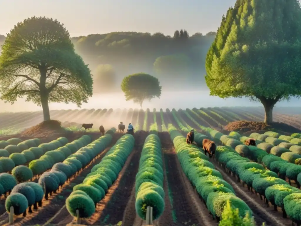 Trufas francesas: historia y técnicas en una granja pintoresca de Perigord, con agricultores y perros recolectando trufas al amanecer