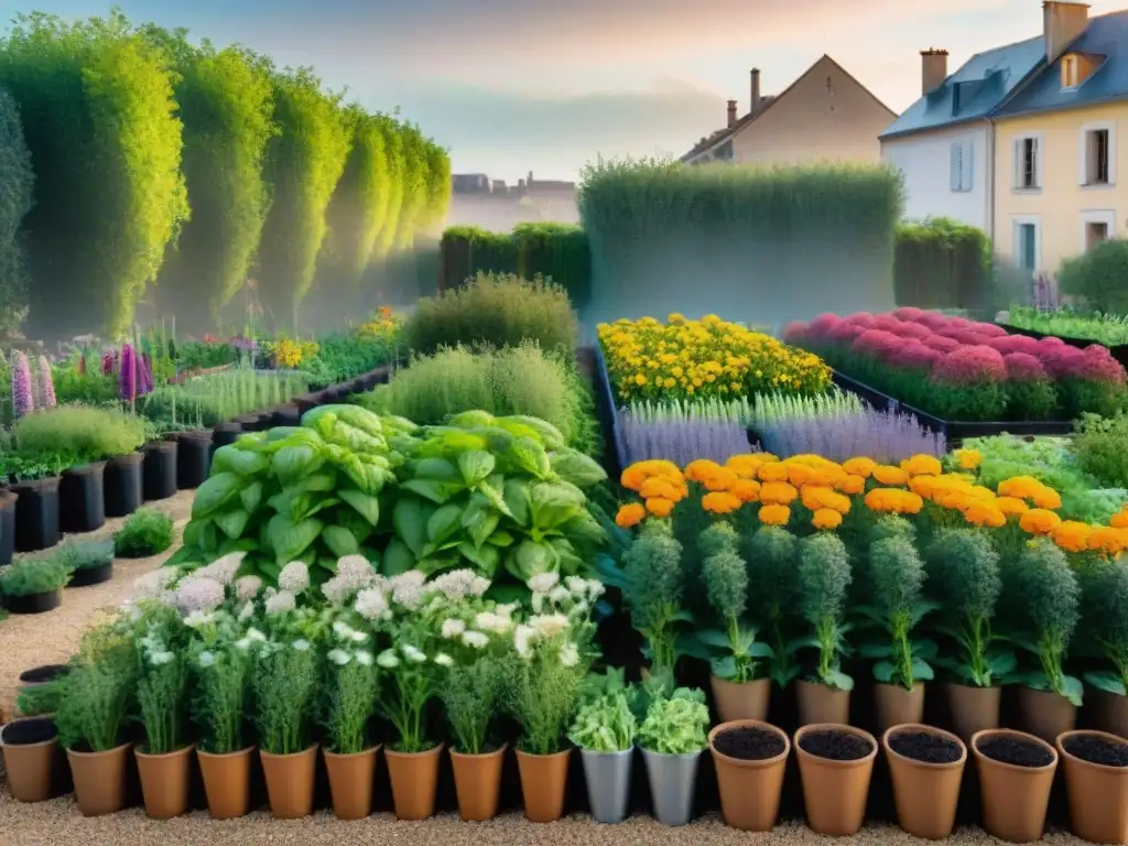 Un jardín urbano vibrante en Francia, con hierbas frescas, vegetales coloridos y flores