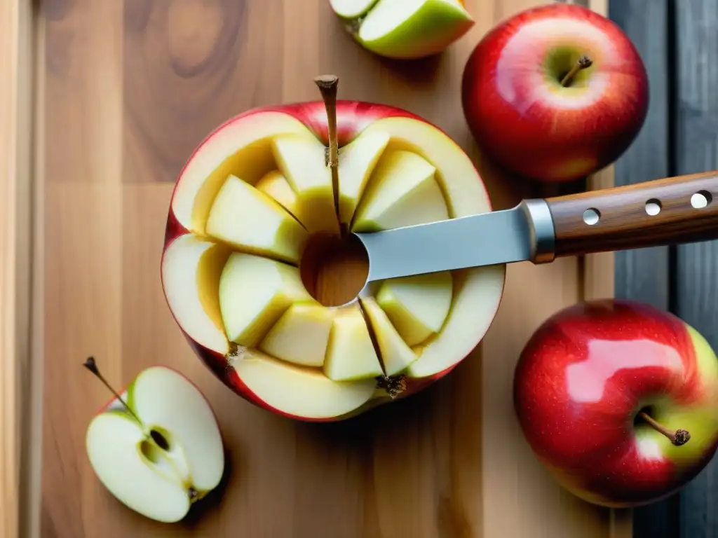 Un utensilio para tarta Tatin: un sacacorchos de manzana usado con restos de fruta, sobre tabla de madera con manzana rebanada