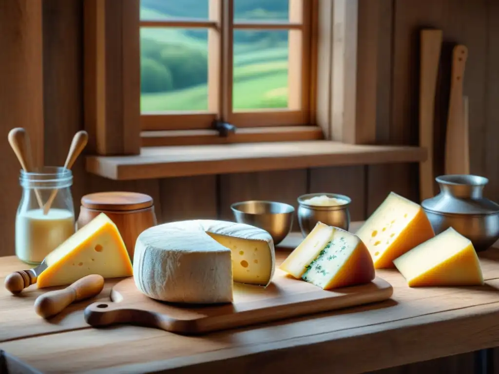 Utensilios para hacer quesos franceses en una mesa rústica con luz natural, resaltando la artesanía