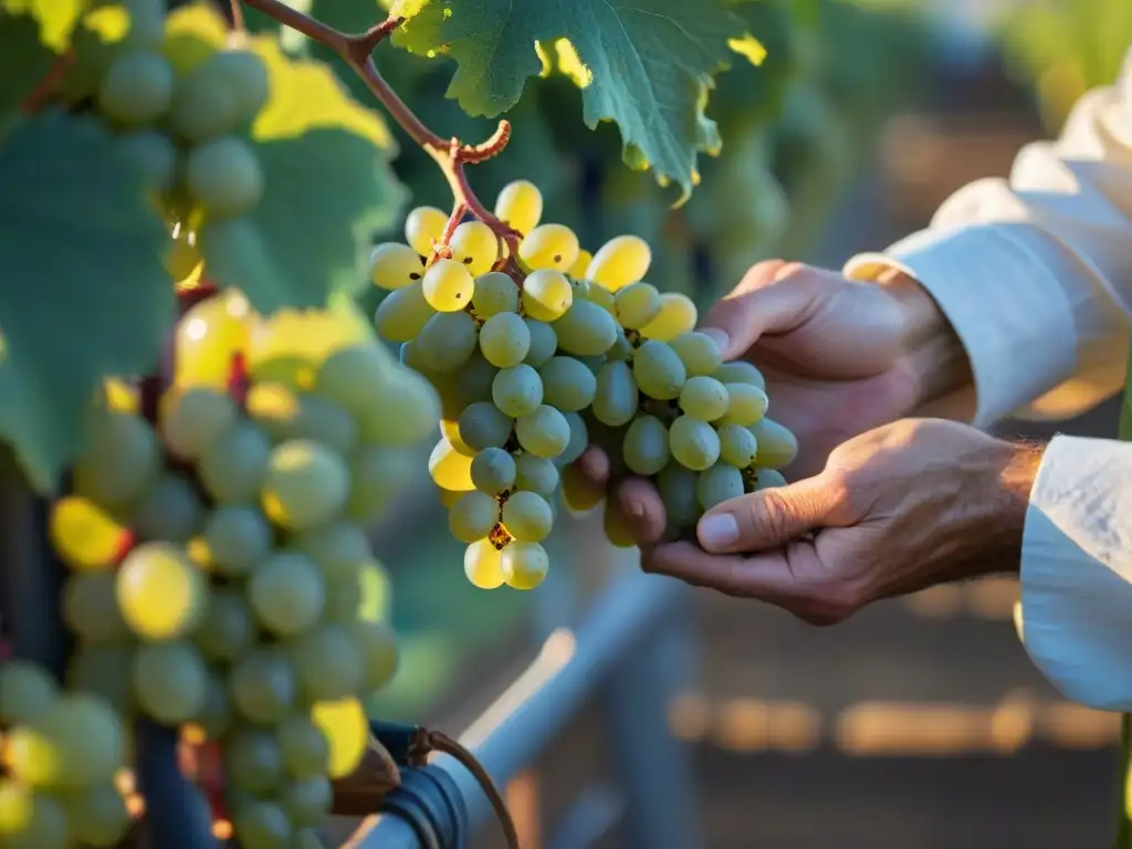 El viticultor francés selecciona uvas Chardonnay al amanecer, simbolizando la elegancia y la innovación de los vinos blancos franceses