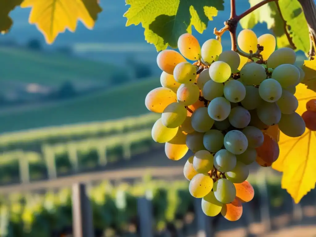 Sauternes: uvas doradas bajo el sol, historia y sabor Uvas doradas de Sauternes brillando al sol, con moho botrytis y viñedos de fondo, evocando la historia y artesanía de los Vinos dulces de Francia