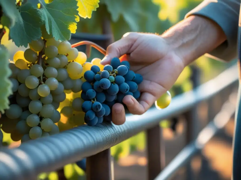 El viticultor francés examina uvas para vino espumoso, reflejando la tradición de la gastronomía francesa