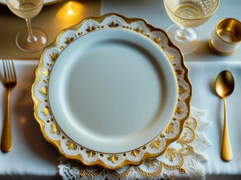 Una vajilla francesa de lujo: plato de porcelana Limoges decorado con elegantes detalles dorados y patrón floral clásico