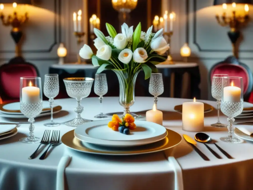 Vajillas de lujo para cena francesa en mesa elegante con fina vajilla, cristalería y cubiertos de plata, adornada con flores y velas