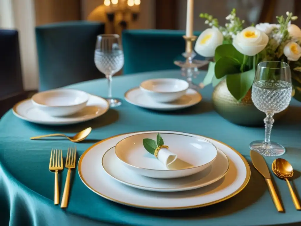Vajillas de lujo para cena francesa con elegante mesa y detalles sofisticados