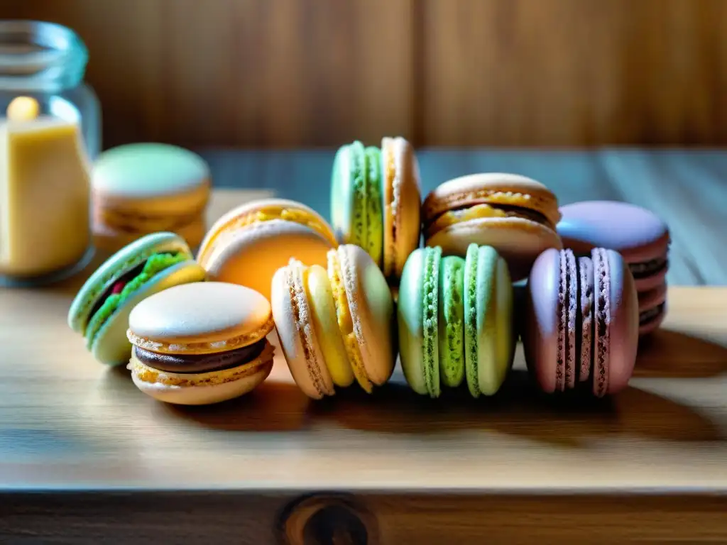 Una variedad de macarons franceses únicos en una mesa rústica, con colores vibrantes y delicados detalles