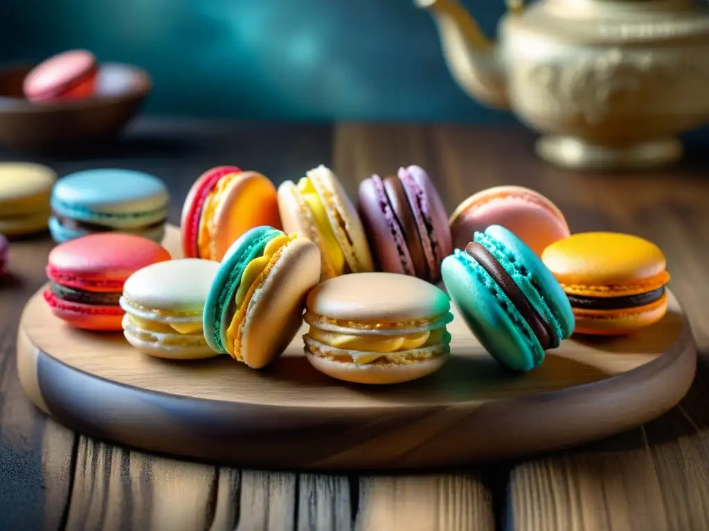 Una variedad de macarons franceses únicos exhibidos en una tabla de madera rústica