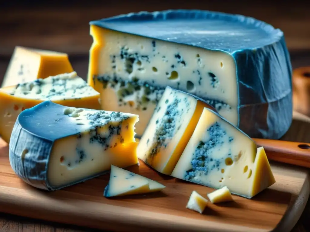 Una variedad de quesos azules franceses evolución exhibidos en tabla rústica de madera, con etiquetas elegantes y detalles cautivadores