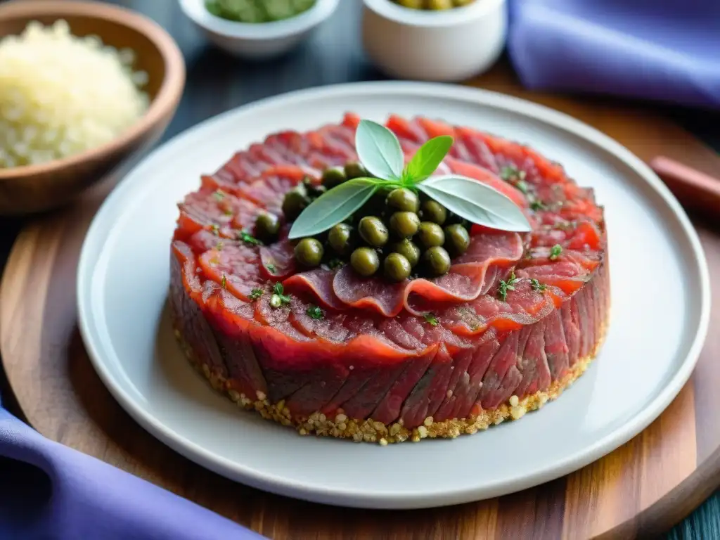 Una variedad de Steak Tartare francés en plato rústico, resaltando la diversidad y arte culinario