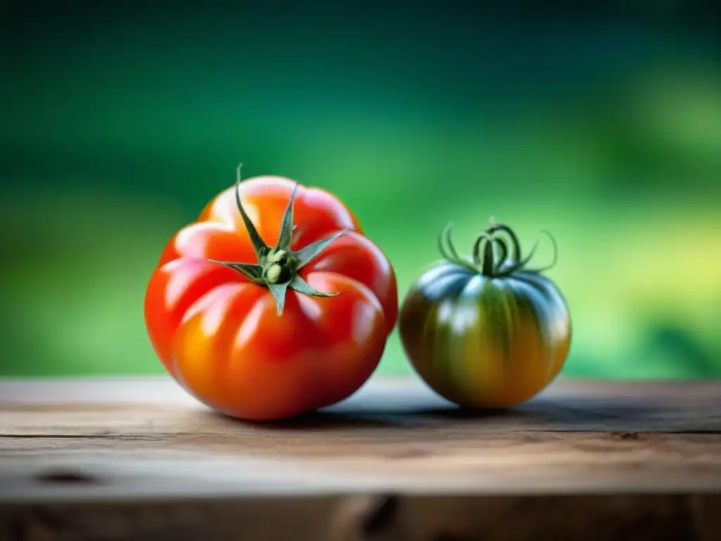 Una variedad de tomate vibrante en alta resolución, resaltando sus patrones, colores y forma única sobre un fondo rústico