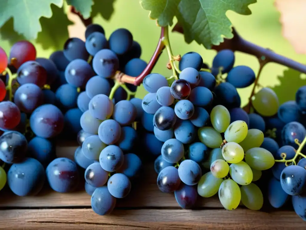 Variedad de uvas para cocina francesa: racimos de uvas Pinot Noir púrpuras, Chardonnay verdes y Merlot rojas, en un escenario rústico de madera