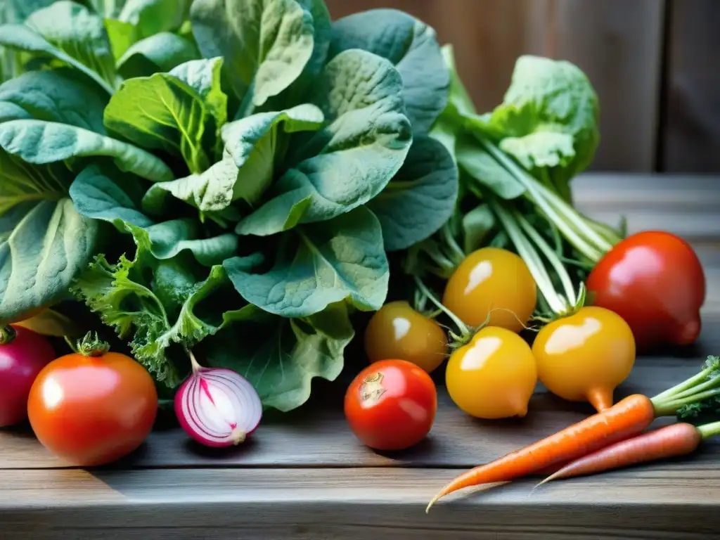 Variedad de vegetales frescos cosechados en jardín, colores vibrantes y texturas detalladas en mesa rústica