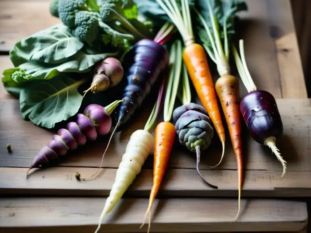 Variedad de verduras olvidadas en la cocina francesa sobre mesa rústica, resaltando colores y texturas naturales