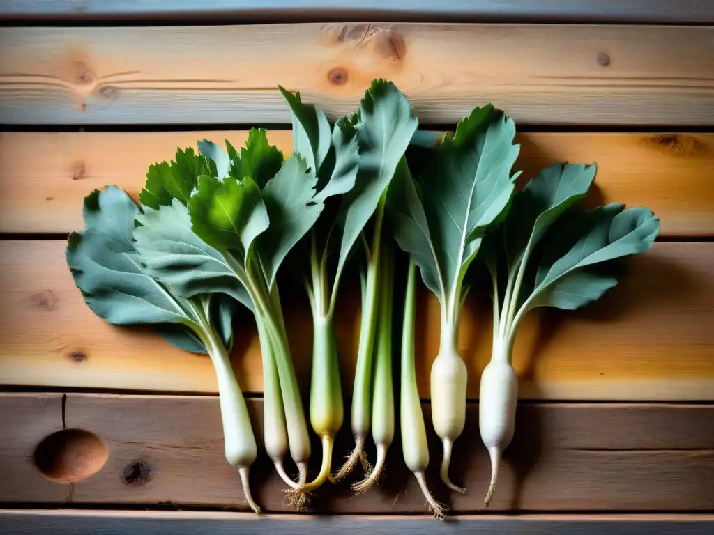 Una variedad vibrante de verduras olvidadas en la cocina francesa, detalladas y limpias, sobre una mesa rústica