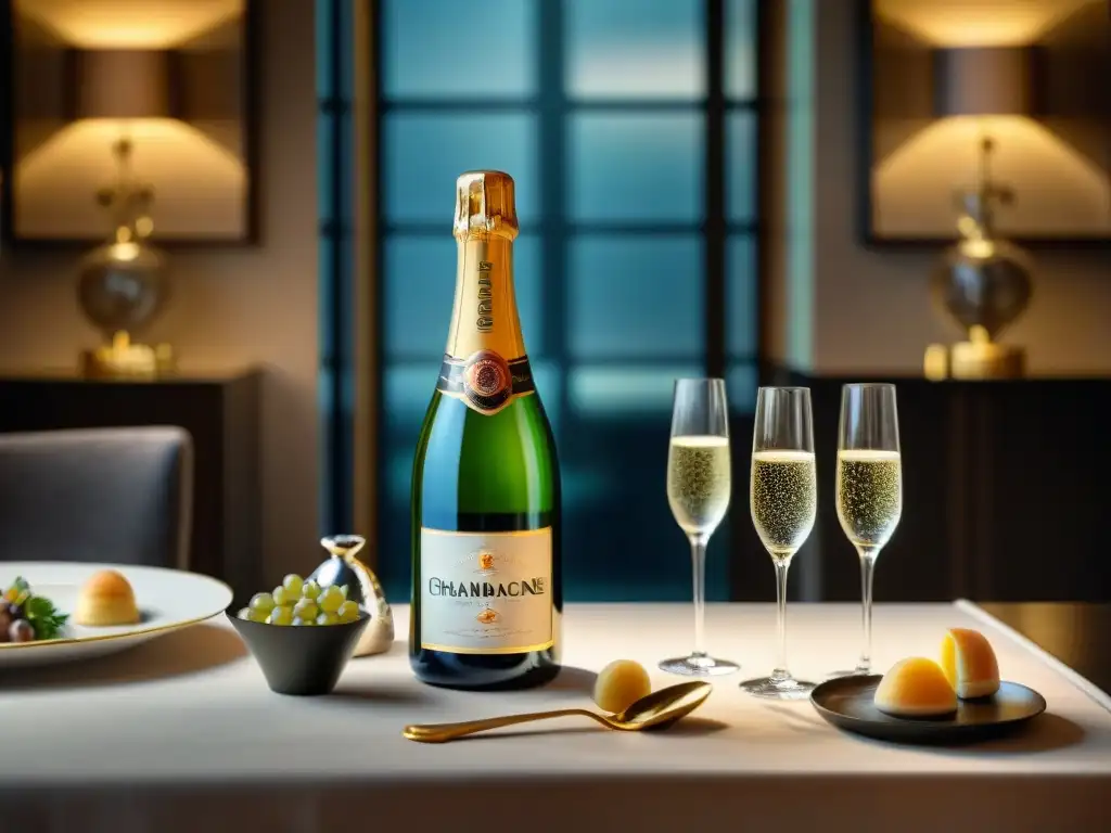 Variedades exclusivas de champagne francés en lujosa mesa de cata y fine dining