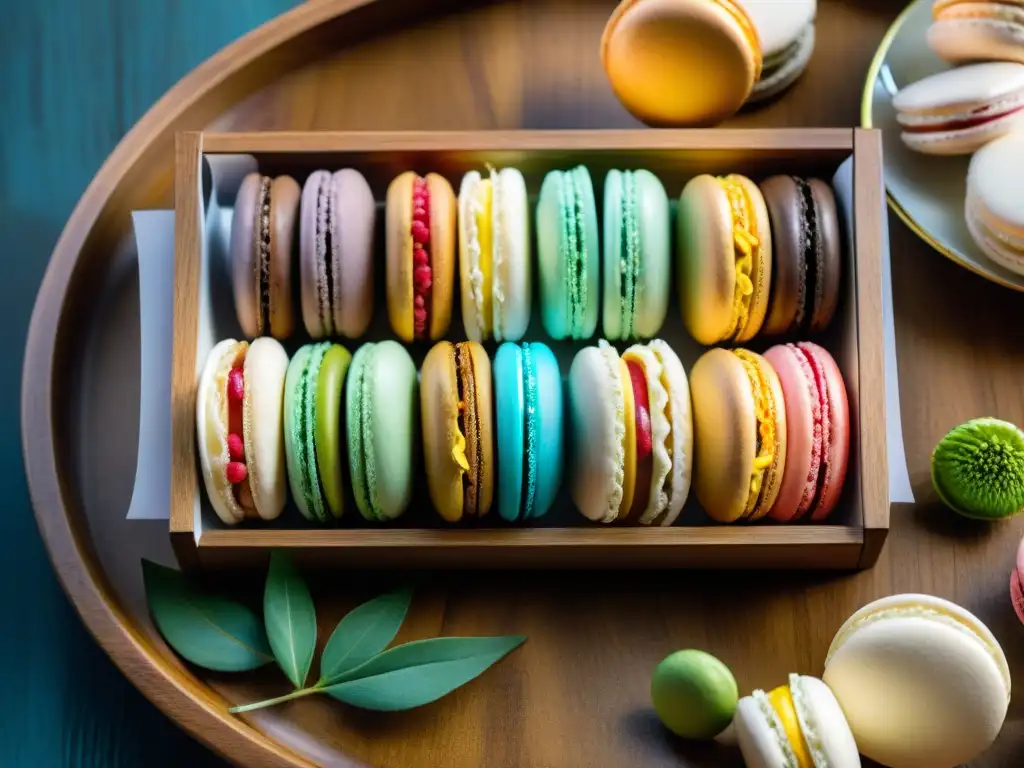 Variedades de macarons franceses únicas en una presentación artesanal y colorida sobre tabla rústica