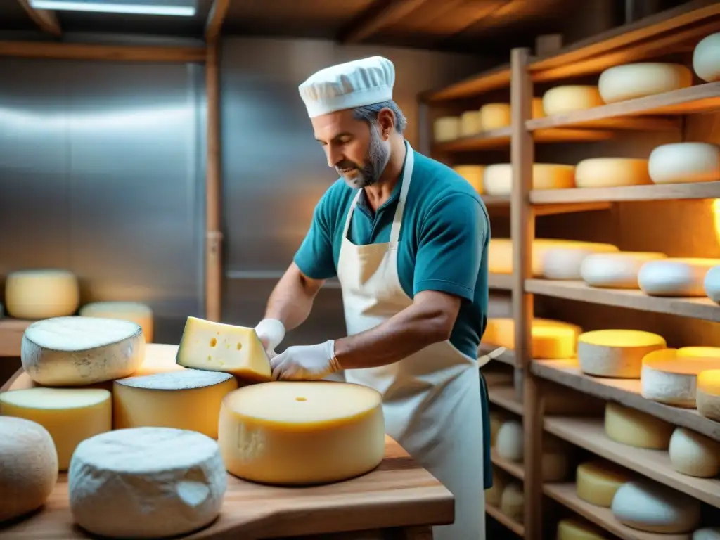 Descubriendo variedades de quesos franceses: Artesano moldeando queso en taller rústico con estantes llenos de quesos maduros